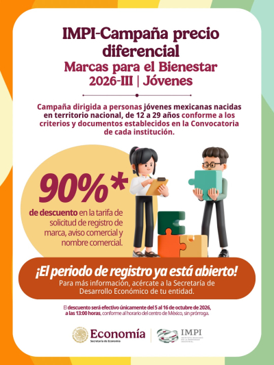 IMPI impulsa el registro de marcas de personas jóvenes emprendedoras con un descuento del 90%.